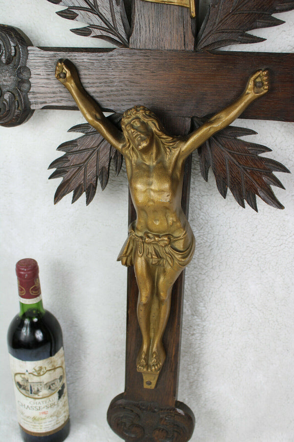 XL french antique wood carved neo gothic wall crucifix religious