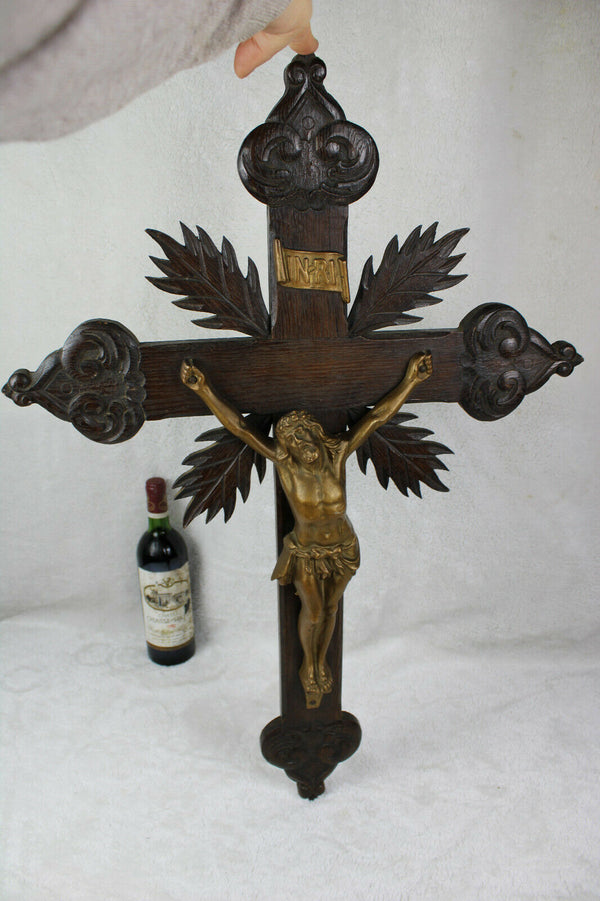 XL french antique wood carved neo gothic wall crucifix religious