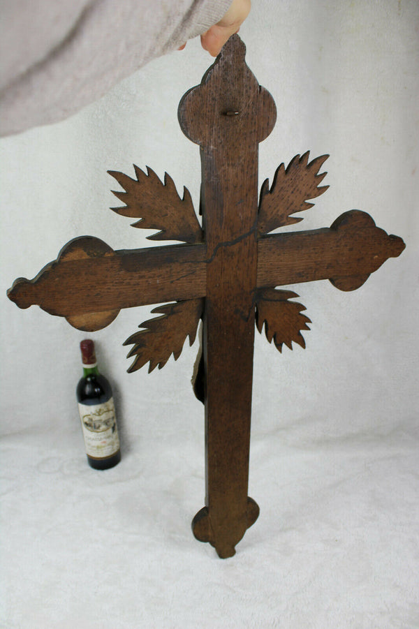 XL french antique wood carved neo gothic wall crucifix religious