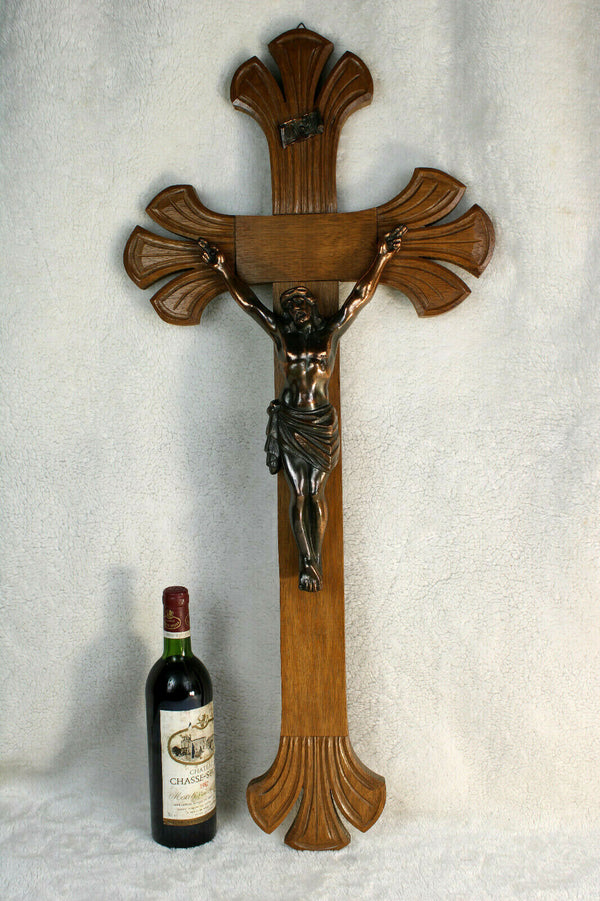 XL 35.6" antique french wood carved crucifix religious