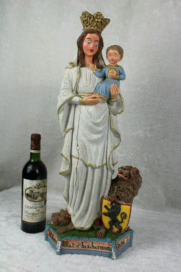 XL Flemish Chalkware statue Our Mary of FLanders lion snake Religious statue