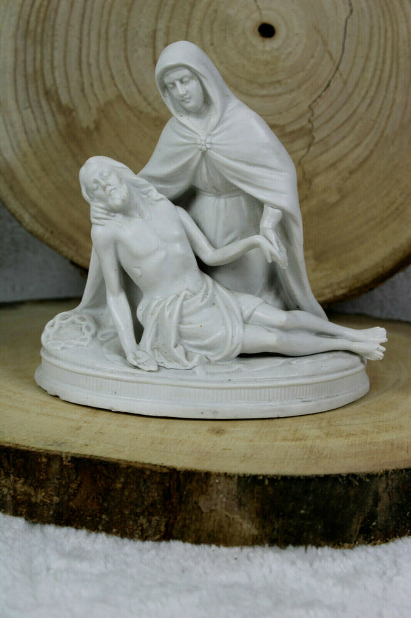 Antique French White bisque porcelain Pieta jesus mary Statue marked