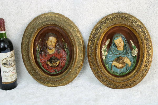 PAIR antique 1900s Chalkware religious wall panel plaque relief jesus mary