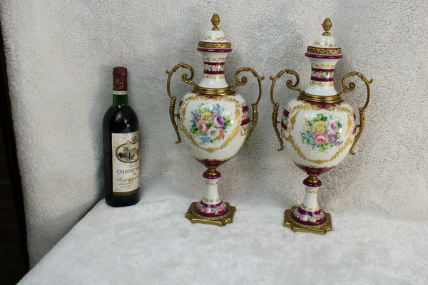 PAIR french vieux paris porcelain Vases floral decor marked