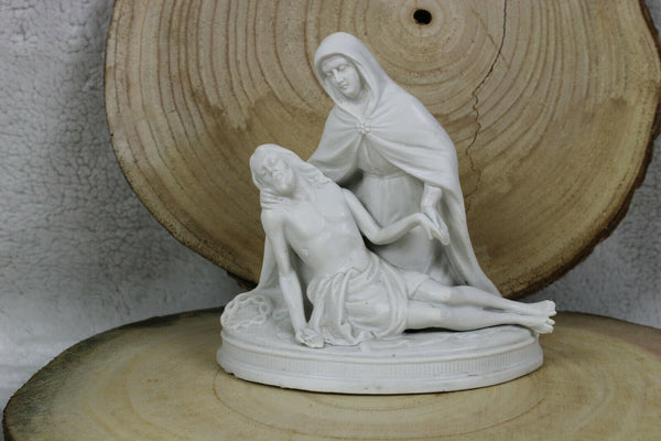 Antique French White bisque porcelain Pieta jesus mary Statue marked