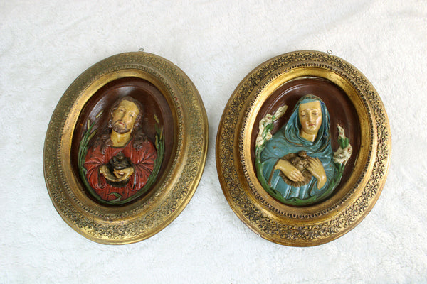 PAIR antique 1900s Chalkware religious wall panel plaque relief jesus mary