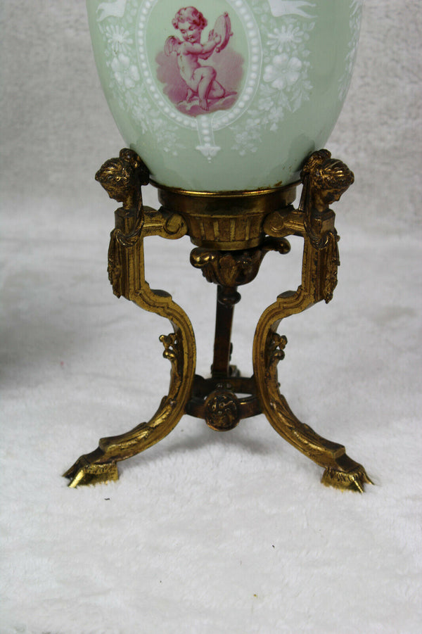 Antique Empire Bronze French Celadon Faience putti cherub lamp caryatid figurine