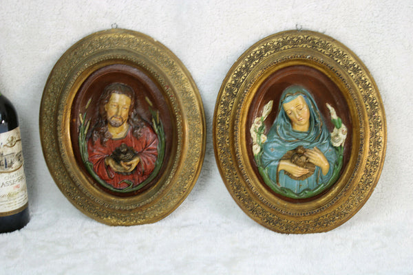 PAIR antique 1900s Chalkware religious wall panel plaque relief jesus mary