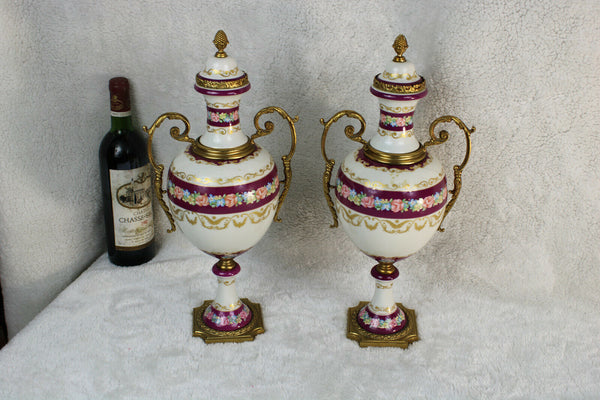 PAIR french vieux paris porcelain Vases floral decor marked