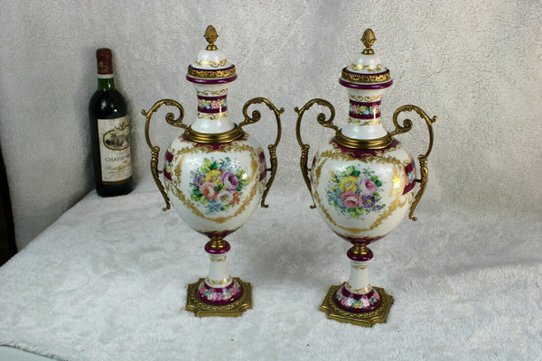 PAIR french vieux paris porcelain Vases floral decor marked