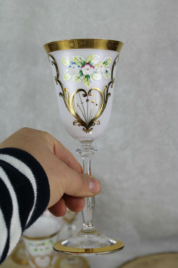 SET 6 Bohemia Czech crystal champagne Glasses Enamel relief floral decors