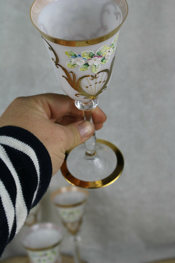 SET 6 Bohemia Czech crystal champagne Glasses Enamel relief floral decors