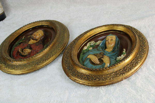 PAIR antique 1900s Chalkware religious wall panel plaque relief jesus mary