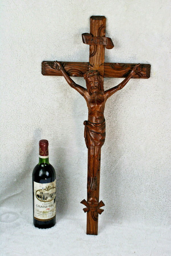 French religious vintage wood carved crucifix cross