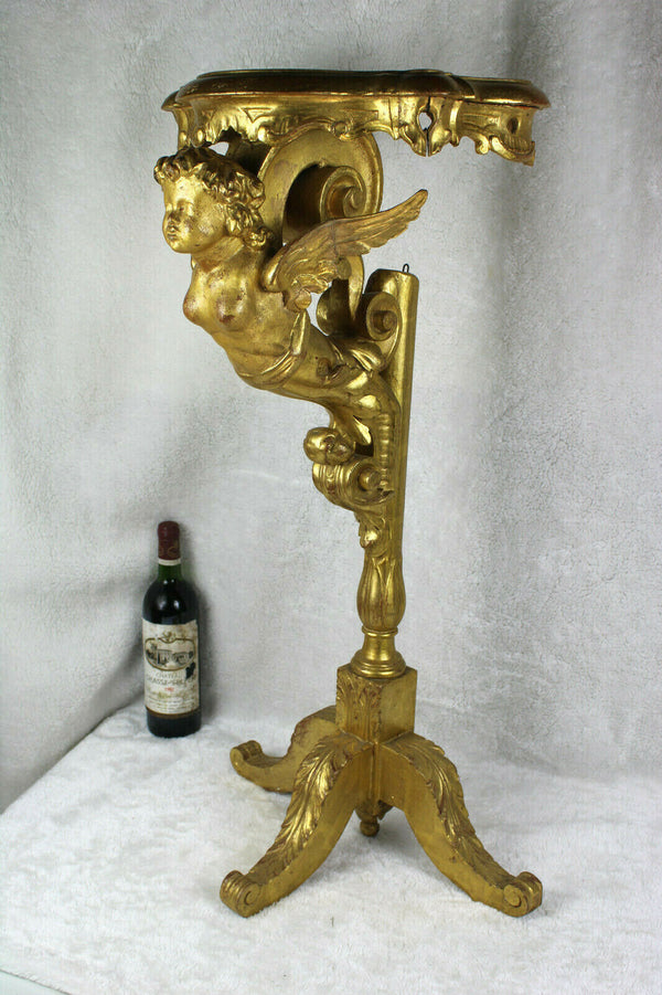 Antique italian Wood carved gold gilt putti cherub angel standing console table