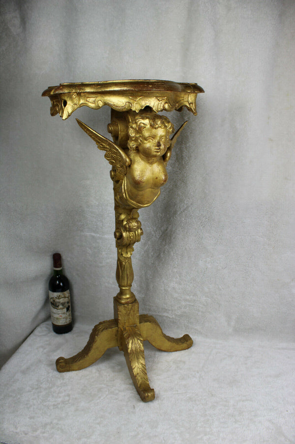 Antique italian Wood carved gold gilt putti cherub angel standing console table