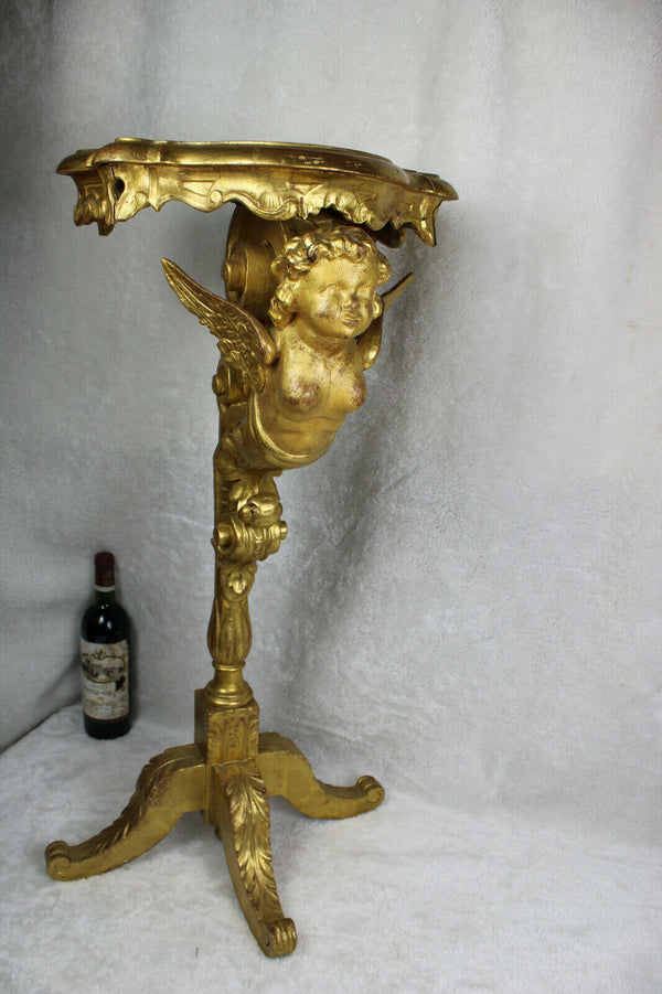 Antique italian Wood carved gold gilt putti cherub angel standing console table