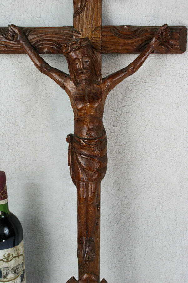 French religious vintage wood carved crucifix cross