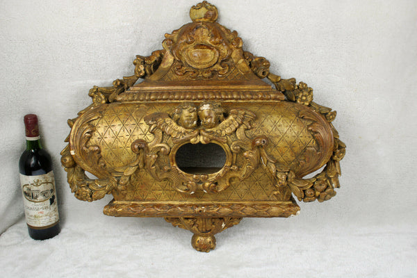 Antique 18thc church religious Relic wood carved Frame wall holder putti angel