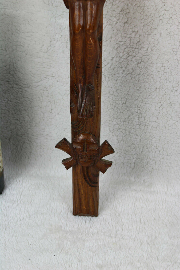 French religious vintage wood carved crucifix cross