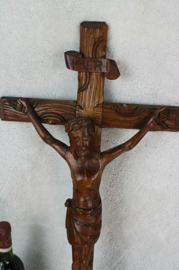 French religious vintage wood carved crucifix cross