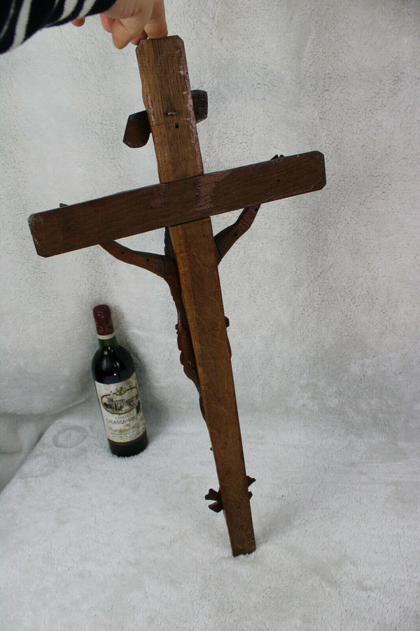 French religious vintage wood carved crucifix cross