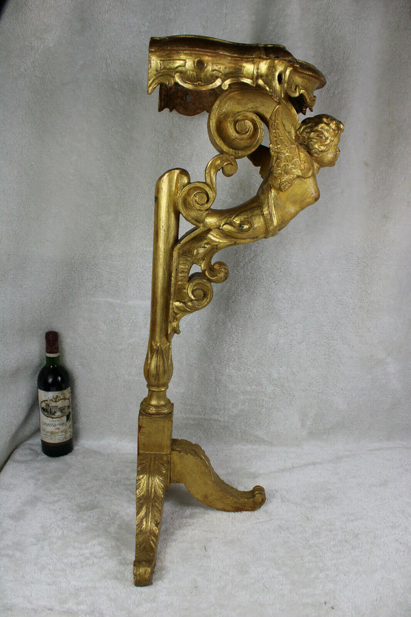 Antique italian Wood carved gold gilt putti cherub angel standing console table