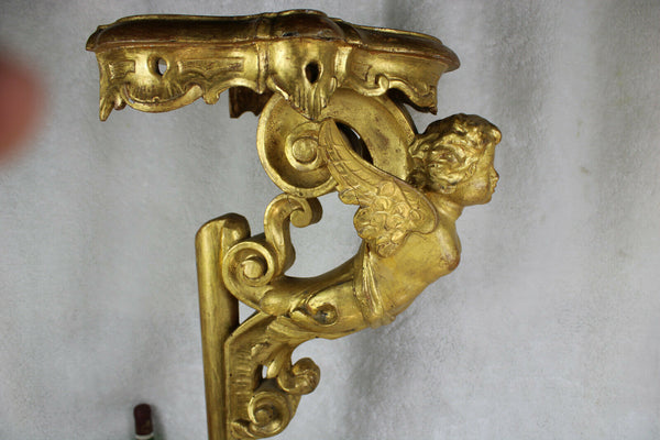 Antique italian Wood carved gold gilt putti cherub angel standing console table