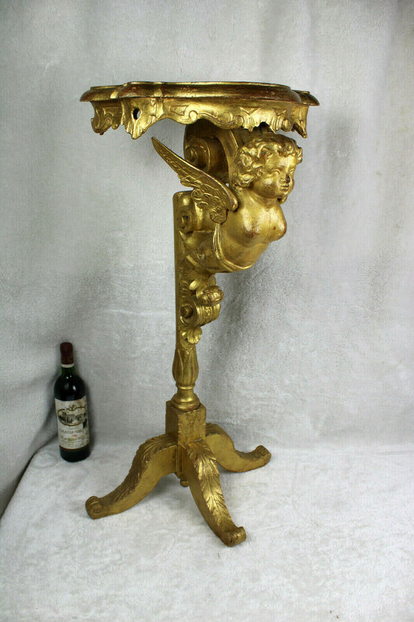 Antique italian Wood carved gold gilt putti cherub angel standing console table