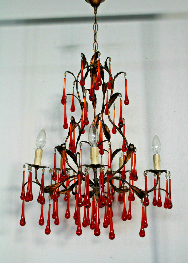 Vintage Murano red glass drops mid century 1970 Chandelier lamp