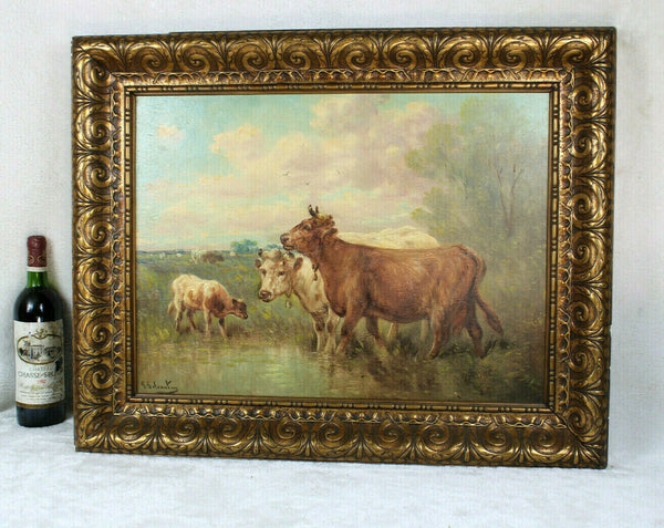 Antique Flemish listed PAUL HENRY SCHOUTEN oil panel signed painting cows field