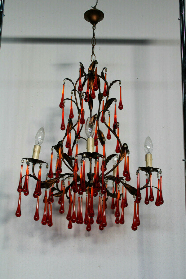 Vintage Murano red glass drops mid century 1970 Chandelier lamp