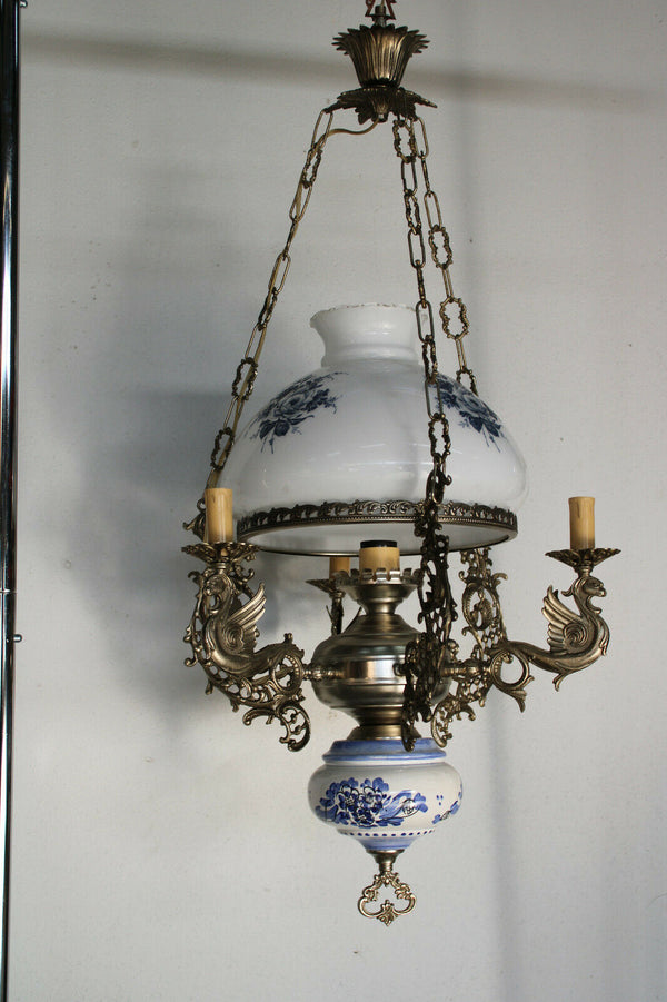 Vintage French Faience Brass Dragons ggothic opaline glass chandelier lamp