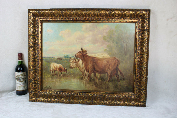 Antique Flemish listed PAUL HENRY SCHOUTEN oil panel signed painting cows field