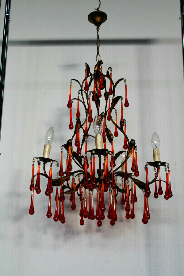 Vintage Murano red glass drops mid century 1970 Chandelier lamp