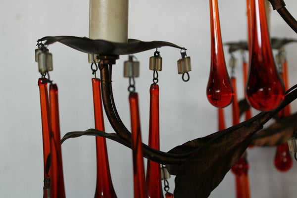 Vintage Murano red glass drops mid century 1970 Chandelier lamp