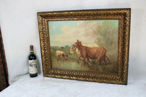 Antique Flemish listed PAUL HENRY SCHOUTEN oil panel signed painting cows field