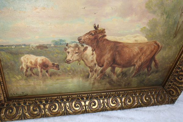 Antique Flemish listed PAUL HENRY SCHOUTEN oil panel signed painting cows field