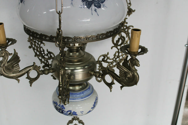 Vintage French Faience Brass Dragons ggothic opaline glass chandelier lamp