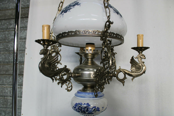 Vintage French Faience Brass Dragons ggothic opaline glass chandelier lamp