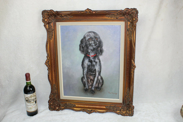 Vintage oil canvas Poodle dog portrait signed painting