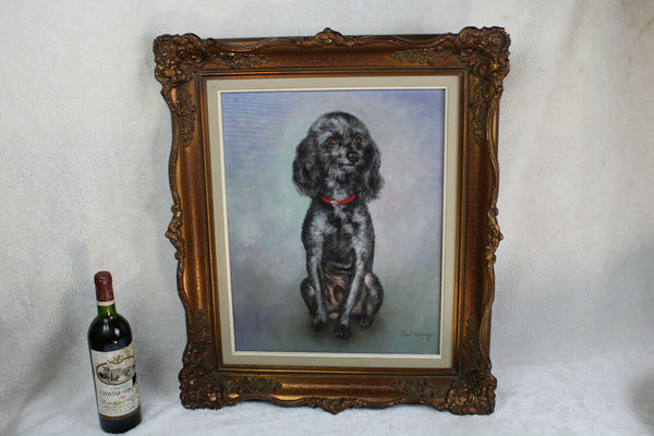 Vintage oil canvas Poodle dog portrait signed painting