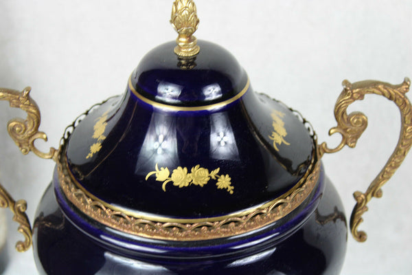 French vintage limoges cobalt porcelain centerpiece lidded bowl victorian scene