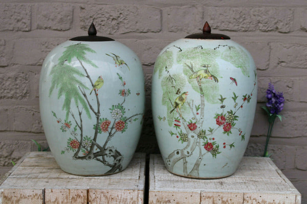 Antique PAIR chinese porcelain jar pot vase peonies birds butterflies 19thc