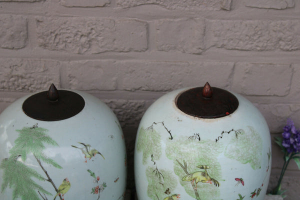 Antique PAIR chinese porcelain jar pot vase peonies birds butterflies 19thc