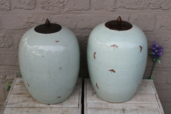 Antique PAIR chinese porcelain jar pot vase peonies birds butterflies 19thc