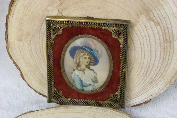 Antique French miniature portrait lady  signed velvet