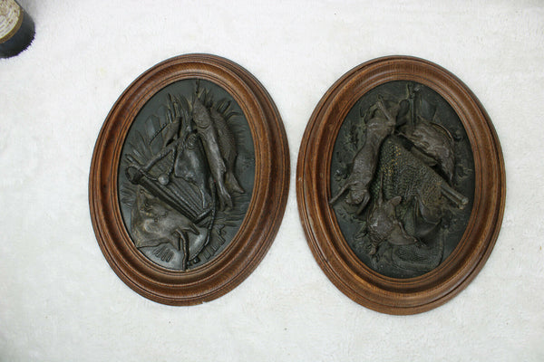 Antique PAIR french hunting trophy Animals spelter wood framed