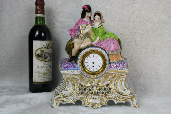 Antique french vieux paris porcelain clock couple figurine statue attr petit J