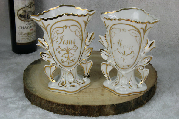 Antique french vieux paris porcelain pair religious vases marie jesus